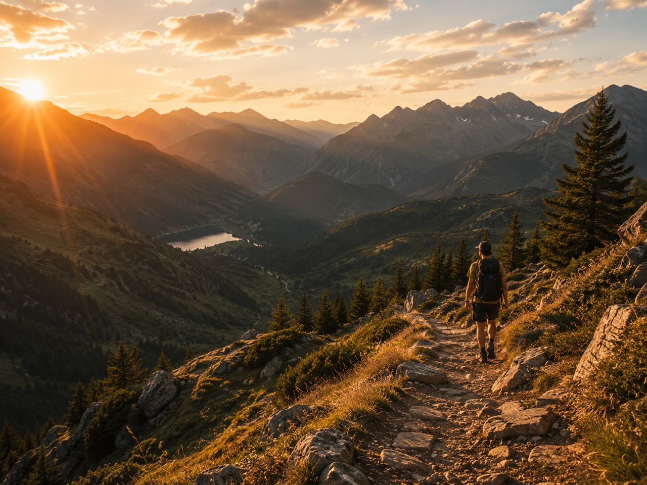 Randonneur sur sentier de montagne au coucher de soleil dans les Pyrénées près de Bagnères-de-Luchon avec lac en vallée